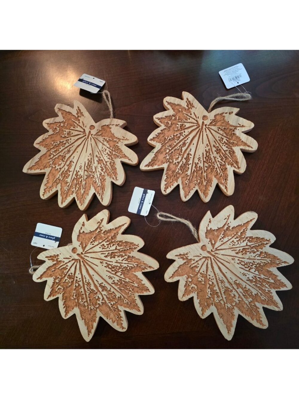 Set Of 4 Wooden Maple Leaf Wall Decor Plaques Twine Hangers For Fall  NWT